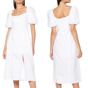 Banana Republic White Puff Sleeve Front Slit Linen Blend w/ Pockets Size 10